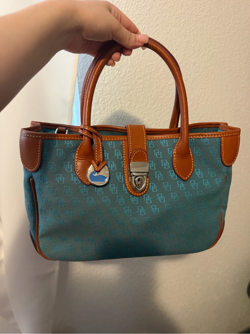 Dooney & Bourke Teal Canvas Satchel with Brown Leather Trim and Silver Hardware